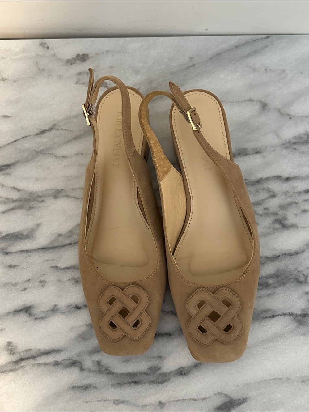 J. McLaughlin Sofía Camel Suede Slingback Flats with Knotted Toe Detail size 7